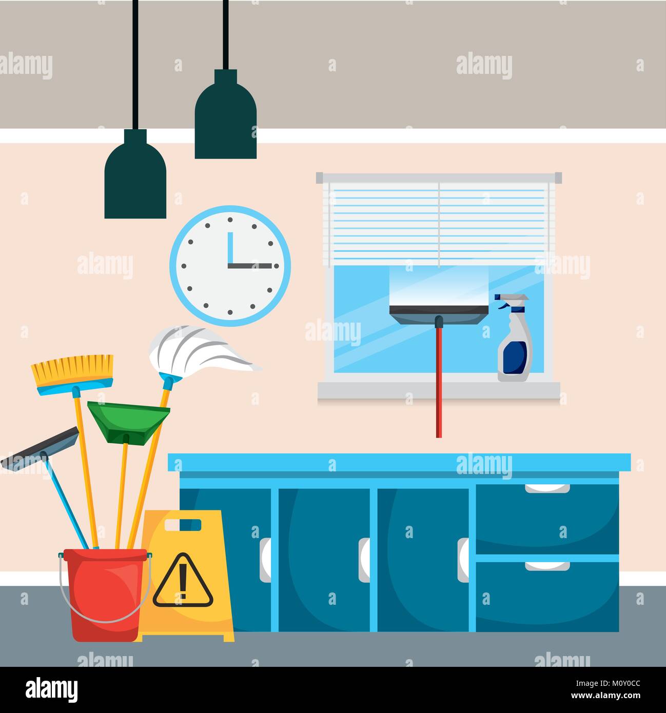 cleaning room drawers window clock bucket tools Stock Vector