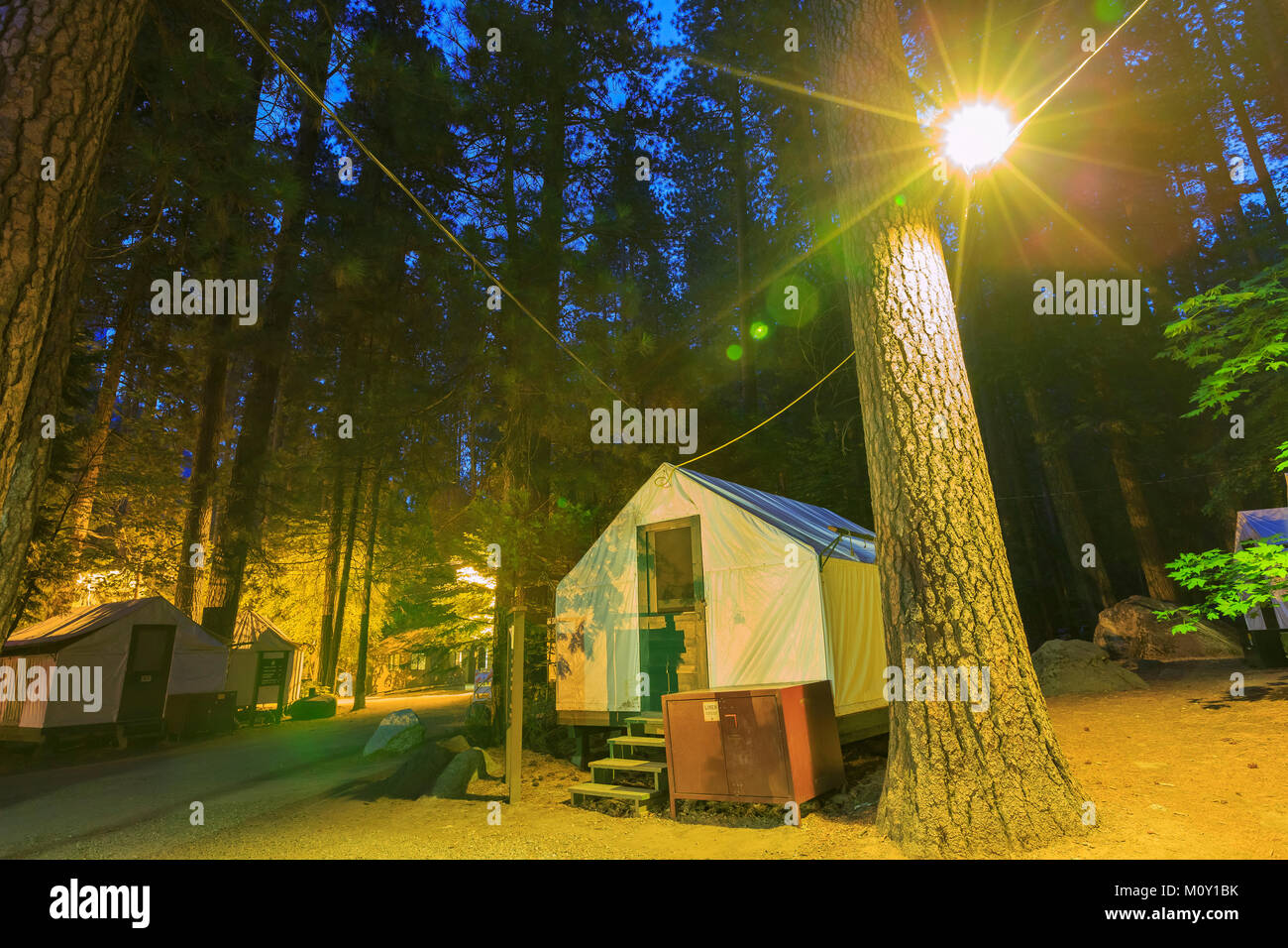 Night view of the beautiful Half Dome Village in Yosemite National Park Stock Photo