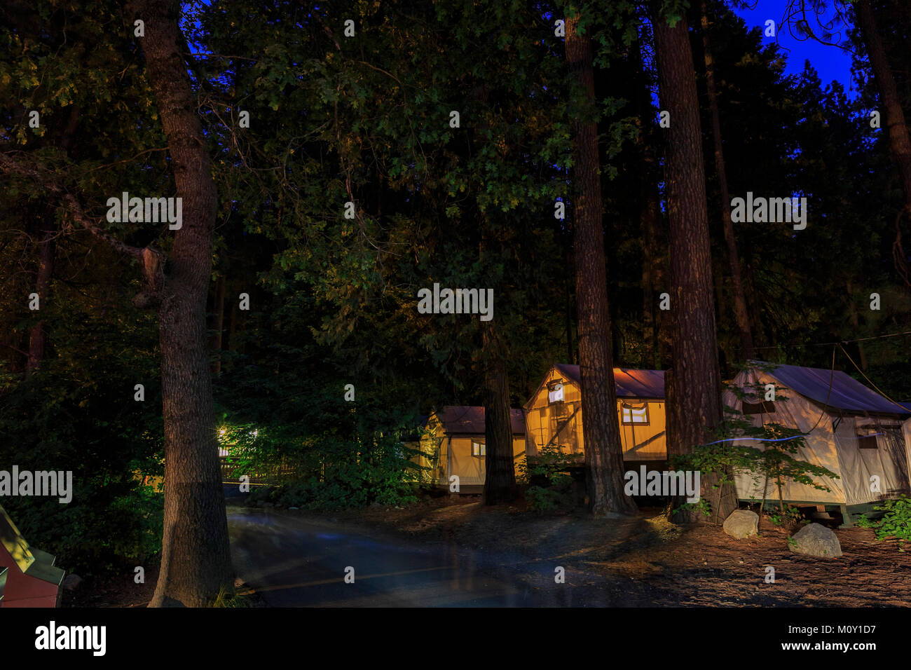 Night view of the beautiful Half Dome Village in Yosemite National Park Stock Photo