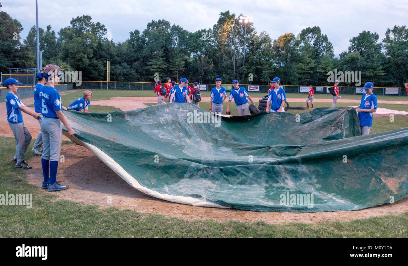 Teen baseball team covers field with tarp to protect it from the