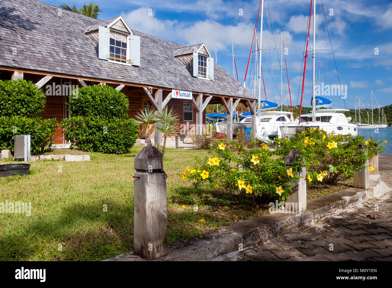 Sunsail Boat Rentals and sailboats at Nelson's Dockyard, Antigua, West Indies Stock Photo