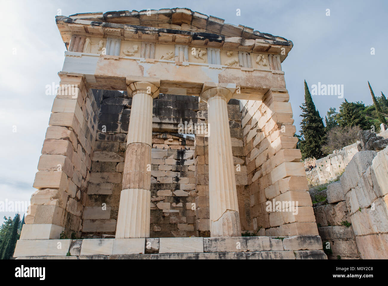 Athenian Treasury in Delphi, an archaeological site in Greece, at the ...
