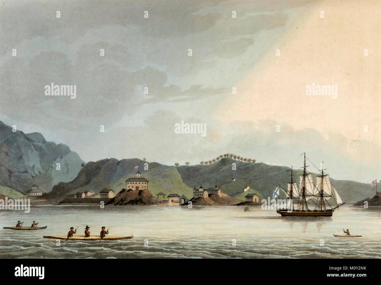 Harbour of St Paul on the Island of Cadiack, Russian sloop-of-war Neva, 1814 Stock Photo