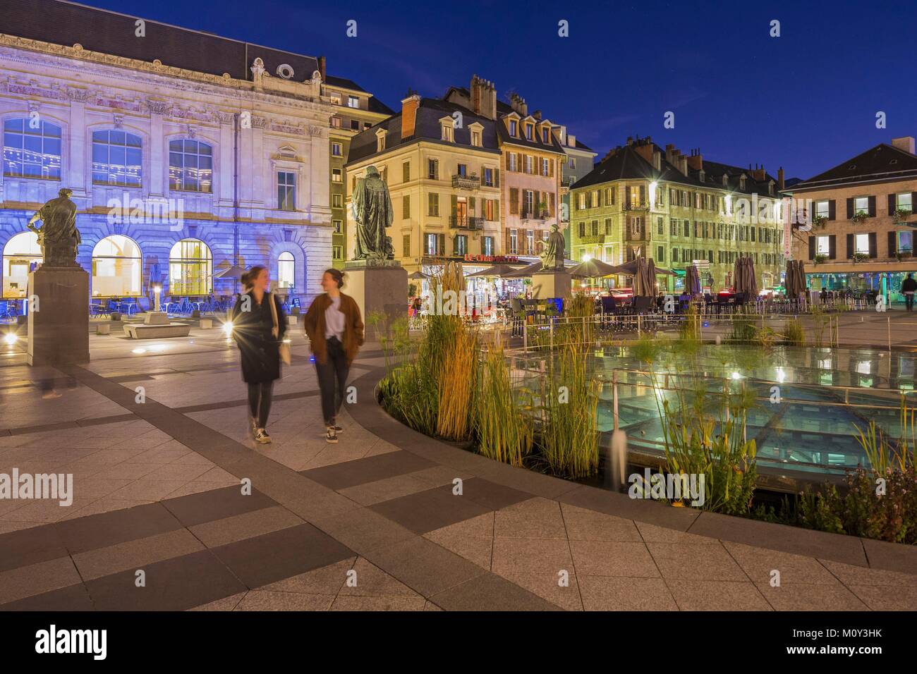 France,Savoie,Chambery,the old town,place of the Palais de Justice,Charles-Alphonse Gumery's statues of which that of Antoine Favre in the center and the museum of Beaux-Arts,Art Gallery Stock Photo