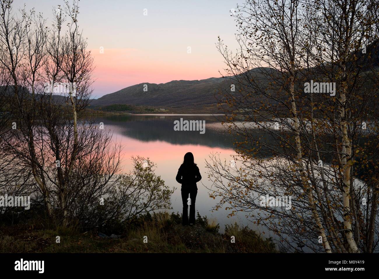 Norway,Oppland,Vaga,Jotunheimen National Park,the lake of Ovre Sjodalsvatnet at sunset Stock Photo