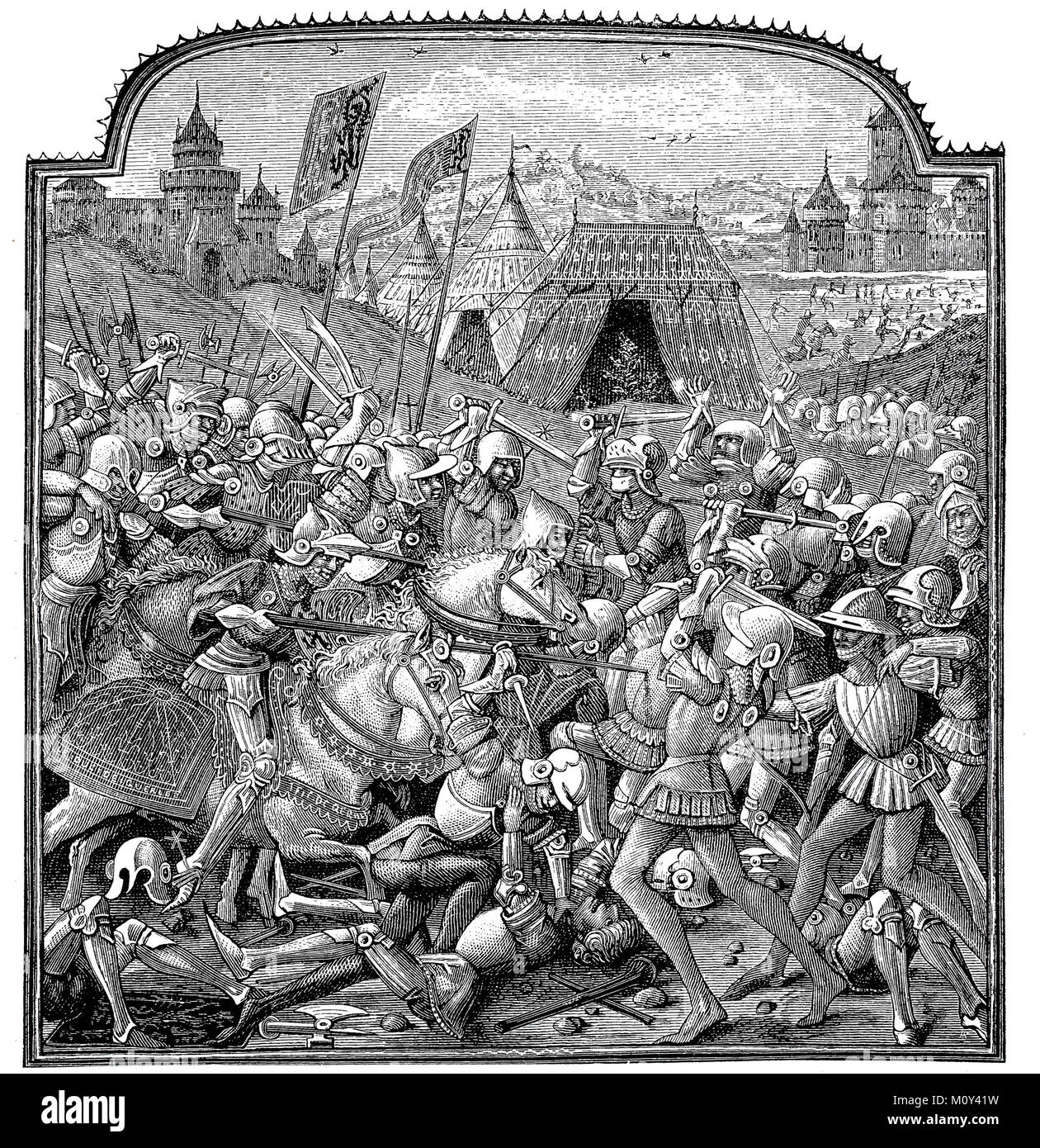 The War of Charles the Bold and the Swiss, 15th century, battle scenes between the warrior-knights and the armed infantry, digital improved file of a original print of the 19. century Stock Photo