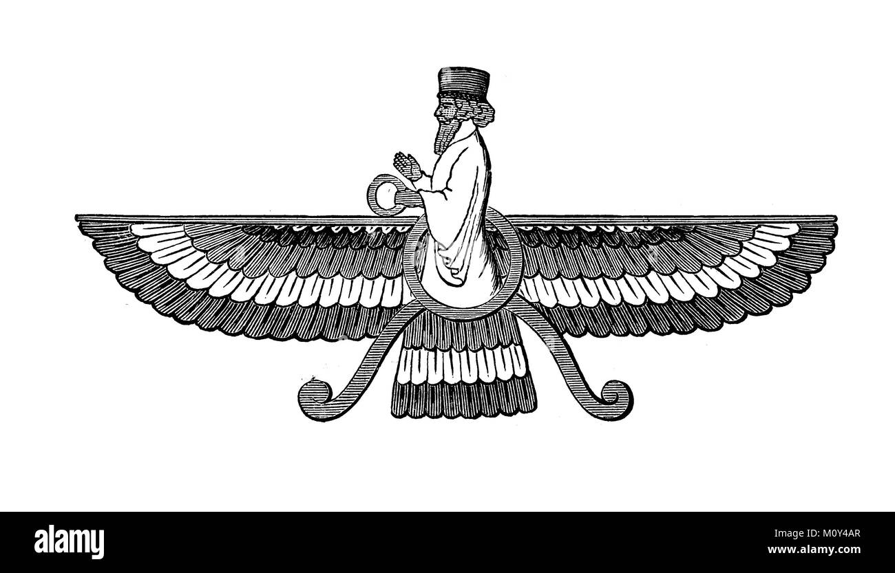 Ahuramazda also Ahura Mazda means the wise lord or lord of wisdom, in Middle Persian Ormusd, Ormozd or Ormus, in Zoroastrianism is the creator god who first created the spiritual world, Menok, and then the material world, Geti, he embodies the power of light, is the creator and preserver of the world and humanity and is the God of the fertility of living beings, relief of Persian monuments, digital improved file of a original print of the 19. century Stock Photo