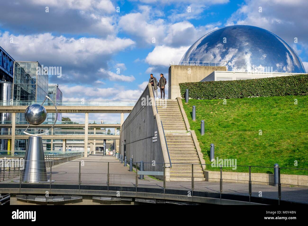 France,Paris,La Villette Park,La Géode is a cinema in a geodesic dome building created by the architect Adrien Fainsilber in 1985 Stock Photo