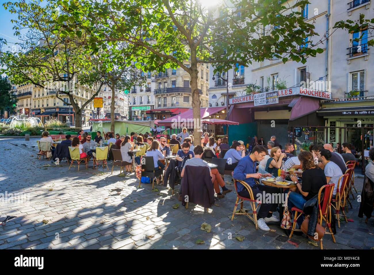 France,Paris,Quartier Latin,café terrace in Mouffetard street Stock Photo