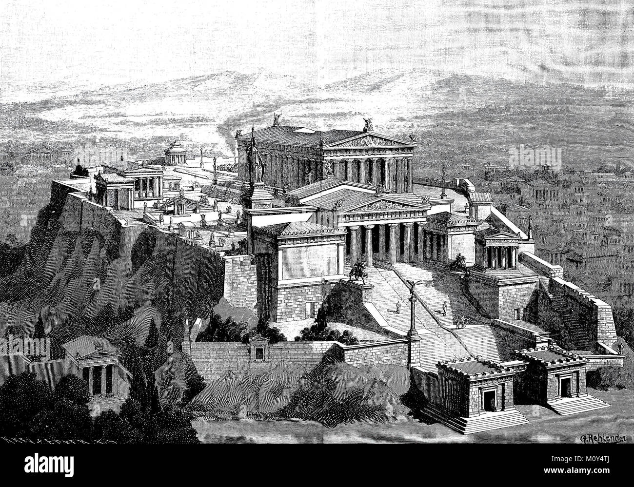 A reconstruction of the Acropolis of Athens, Greece, digital improved file of a original print of the 19. century Stock Photo