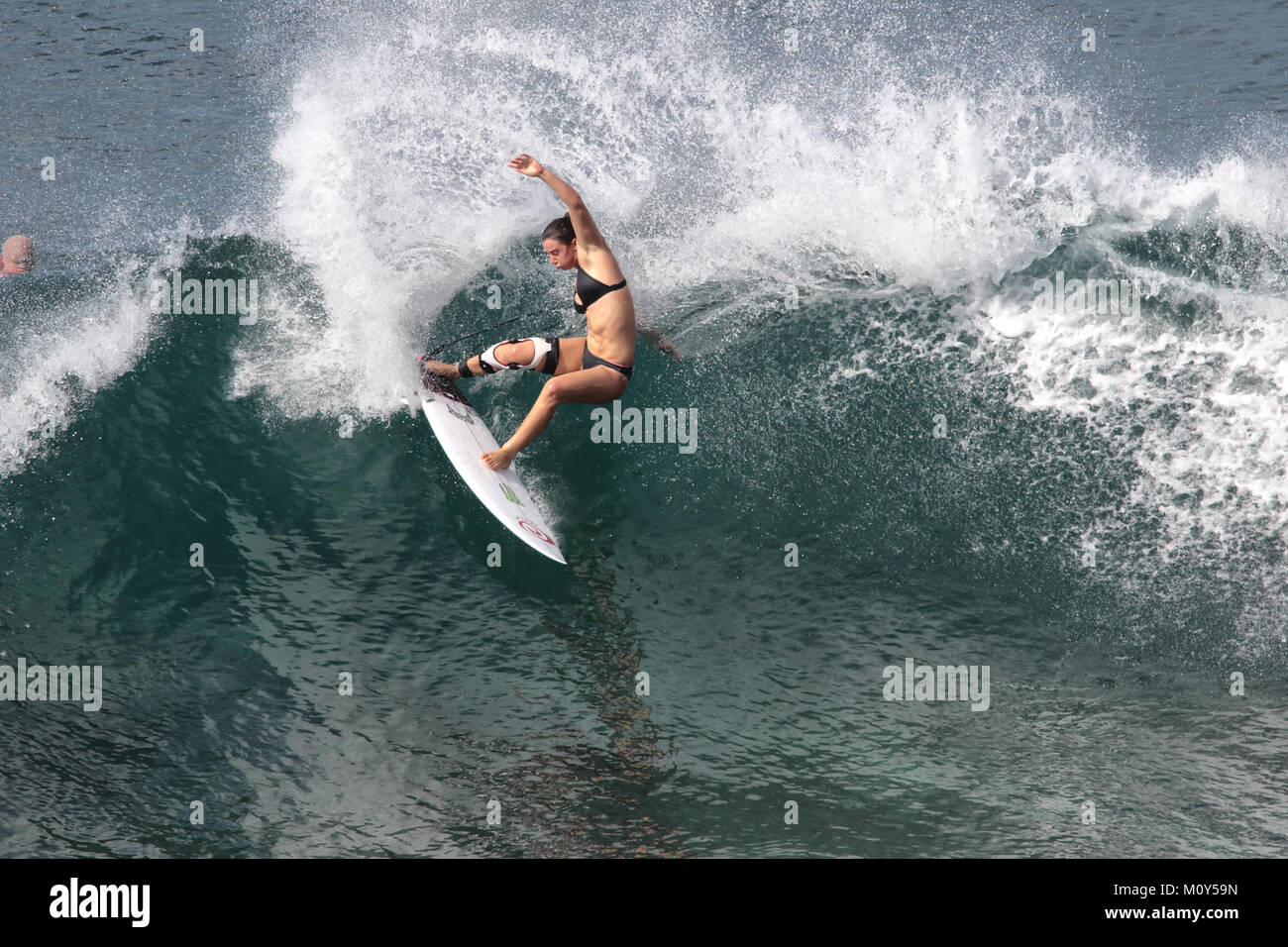 Tyler Wright prepping for the Maui Pro at Honolua Bay on Maui. Stock Photo