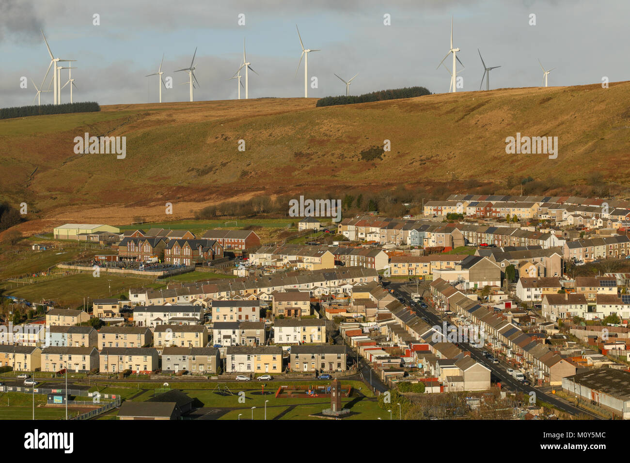 Welsh valleys town, and wind turbines, Gilfach Goch, Wales, UK Stock