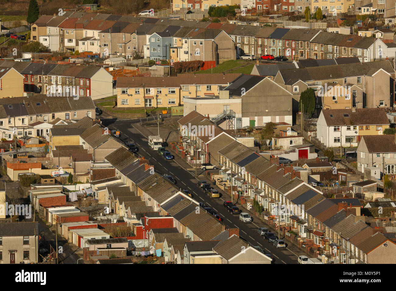 Welsh valleys town, and wind turbines, Gilfach Goch, Wales, UK Stock