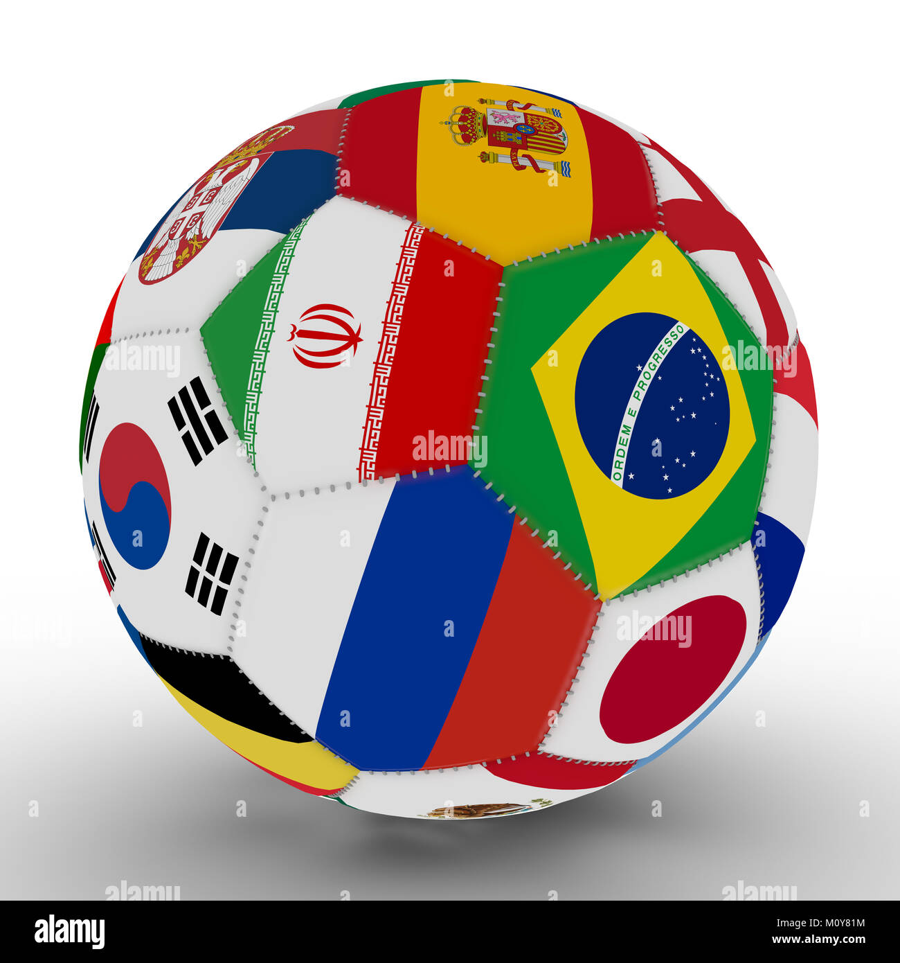 Soccer ball with the color of the flags of the countries participating in the World, in the middle of Iran, Brazil and Russia, 3d rendering Stock Photo
