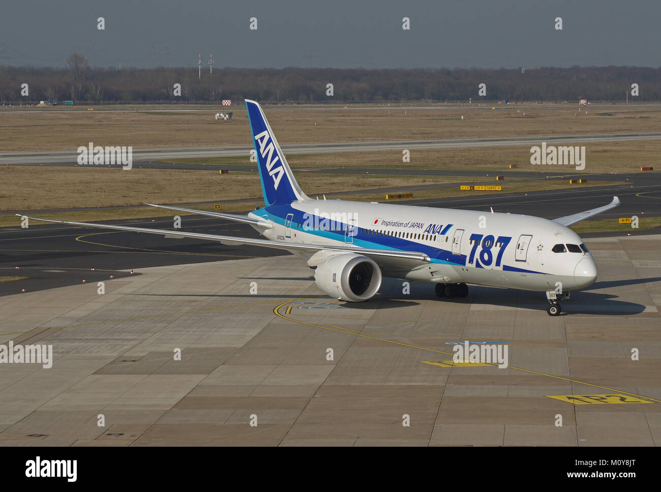 Duesseldorf, Germnany - MAarch 17, 2015: Boeing 787-8 of All Nippon Airways (ANA) at the airport of Duesseldorf while taxiing Stock Photo