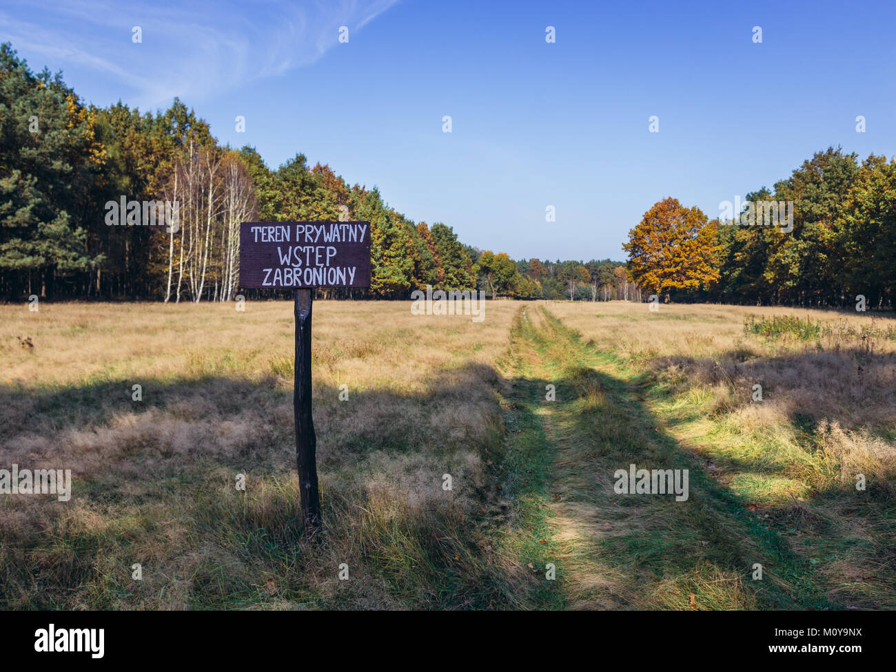 Private property sign on the edge of Kampinos Forest, large forests