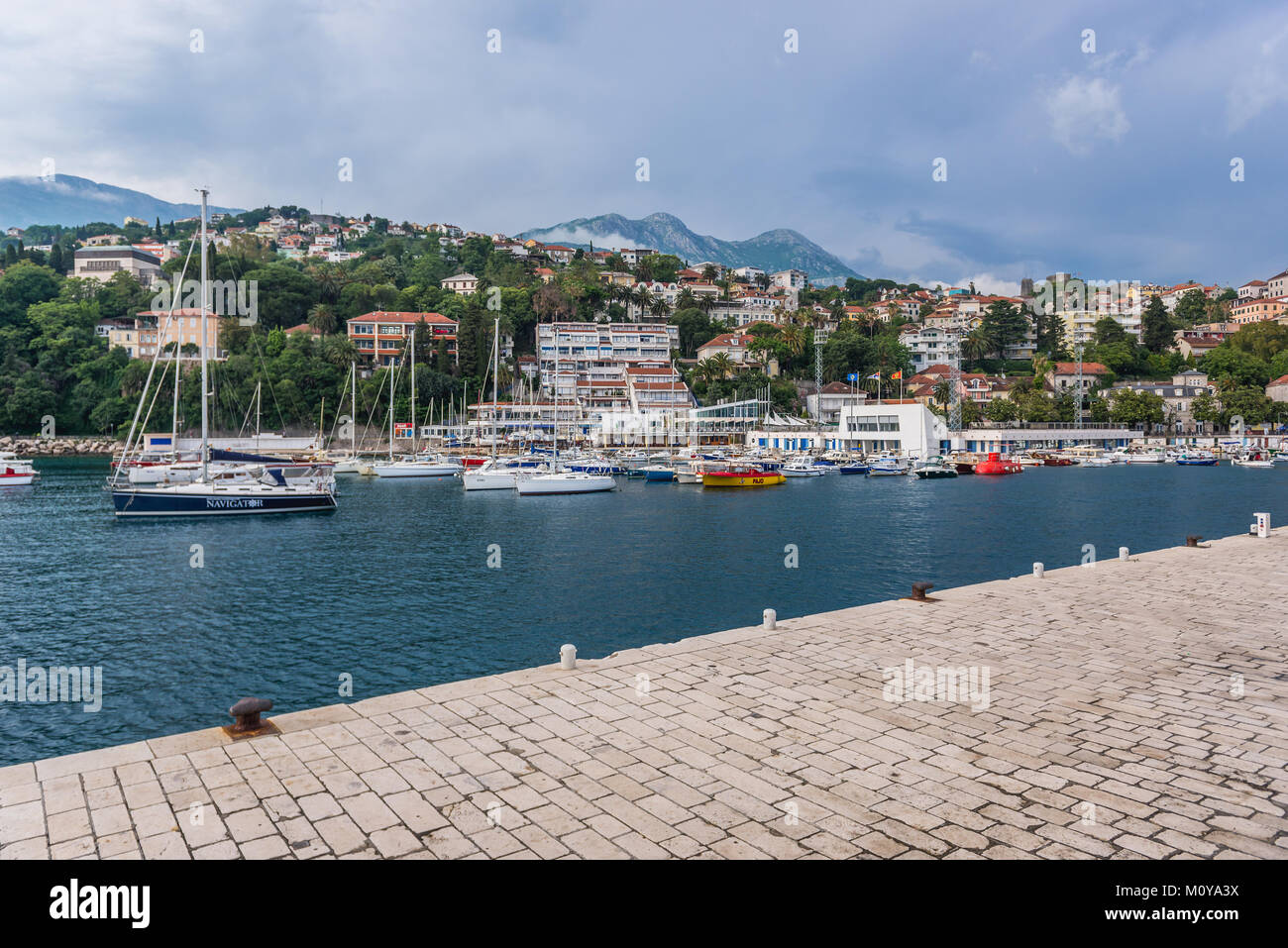 View on marina and Jadran swimming pool in Herceg Novi city on the Adriatic Sea coast in Montenegro Stock Photo