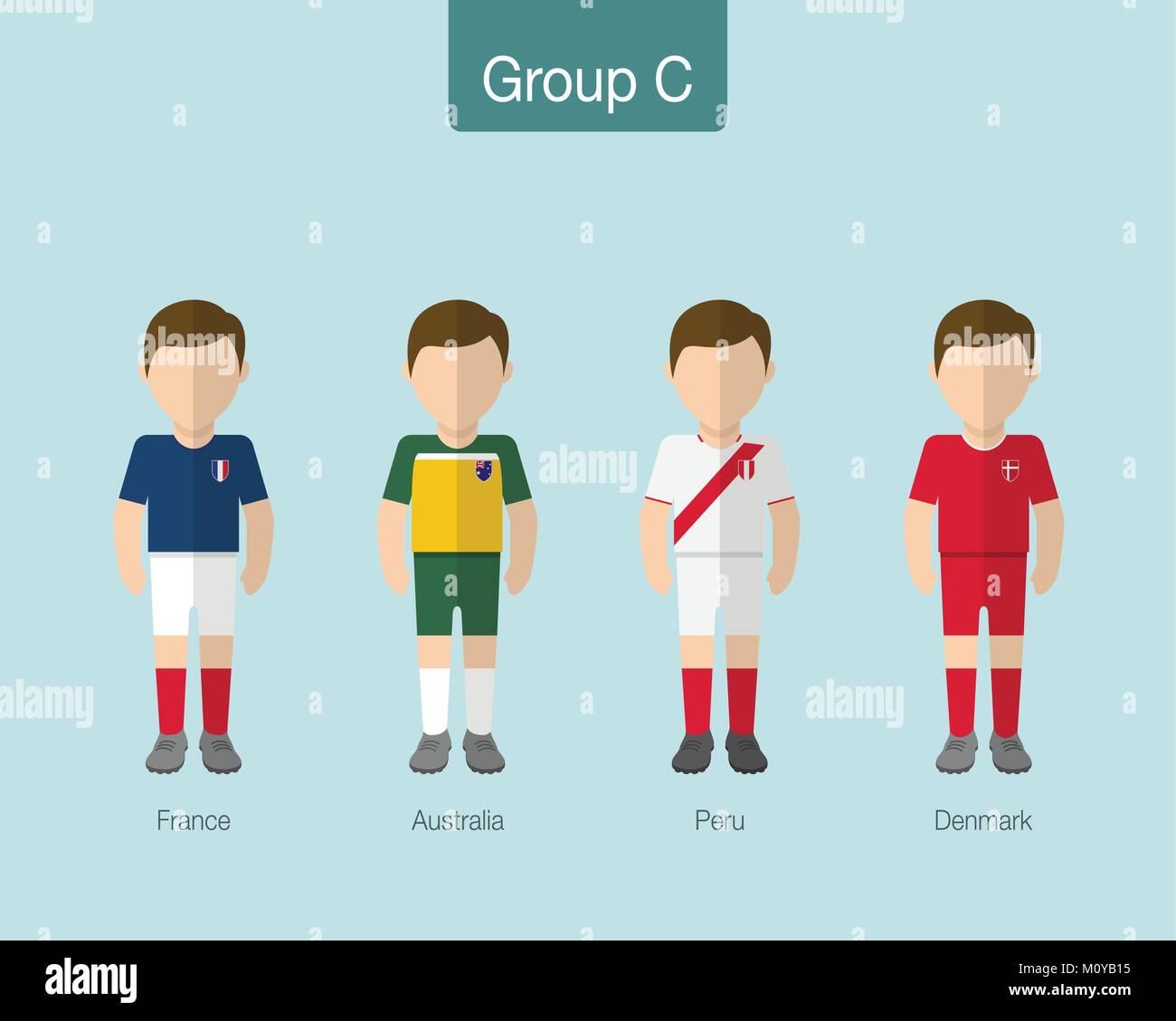 2018 Soccer or football team uniform. Group C with FRANCE, AUSTRALIA, PERU, DENMARK. Flat design. Vector illustration. Stock Vector