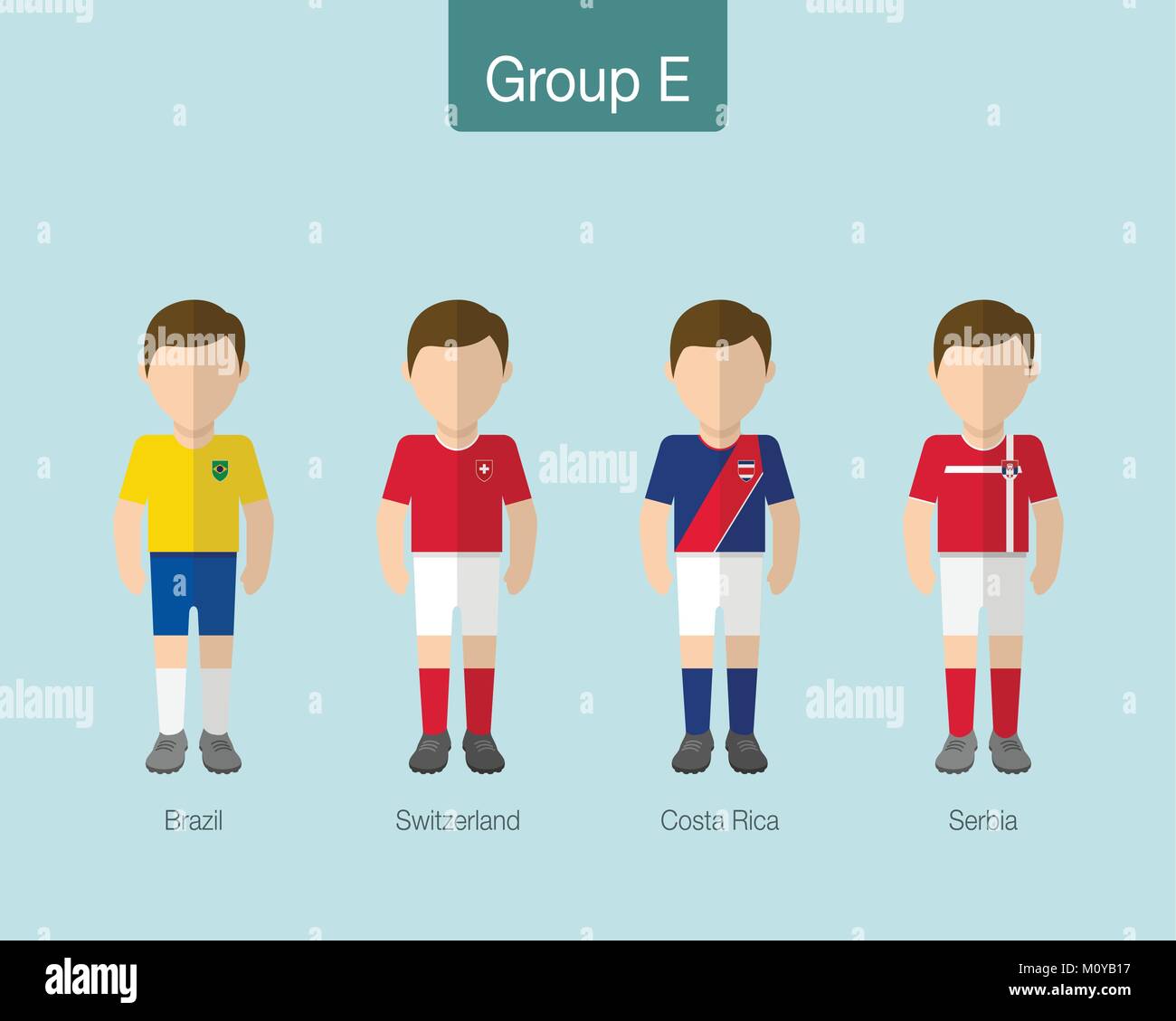 2018 Soccer or football team uniform. Group E with BRAZIL, SWITZERLAND, COSTA RICA, SERBIA. Flat design. Vector illustration. Stock Vector