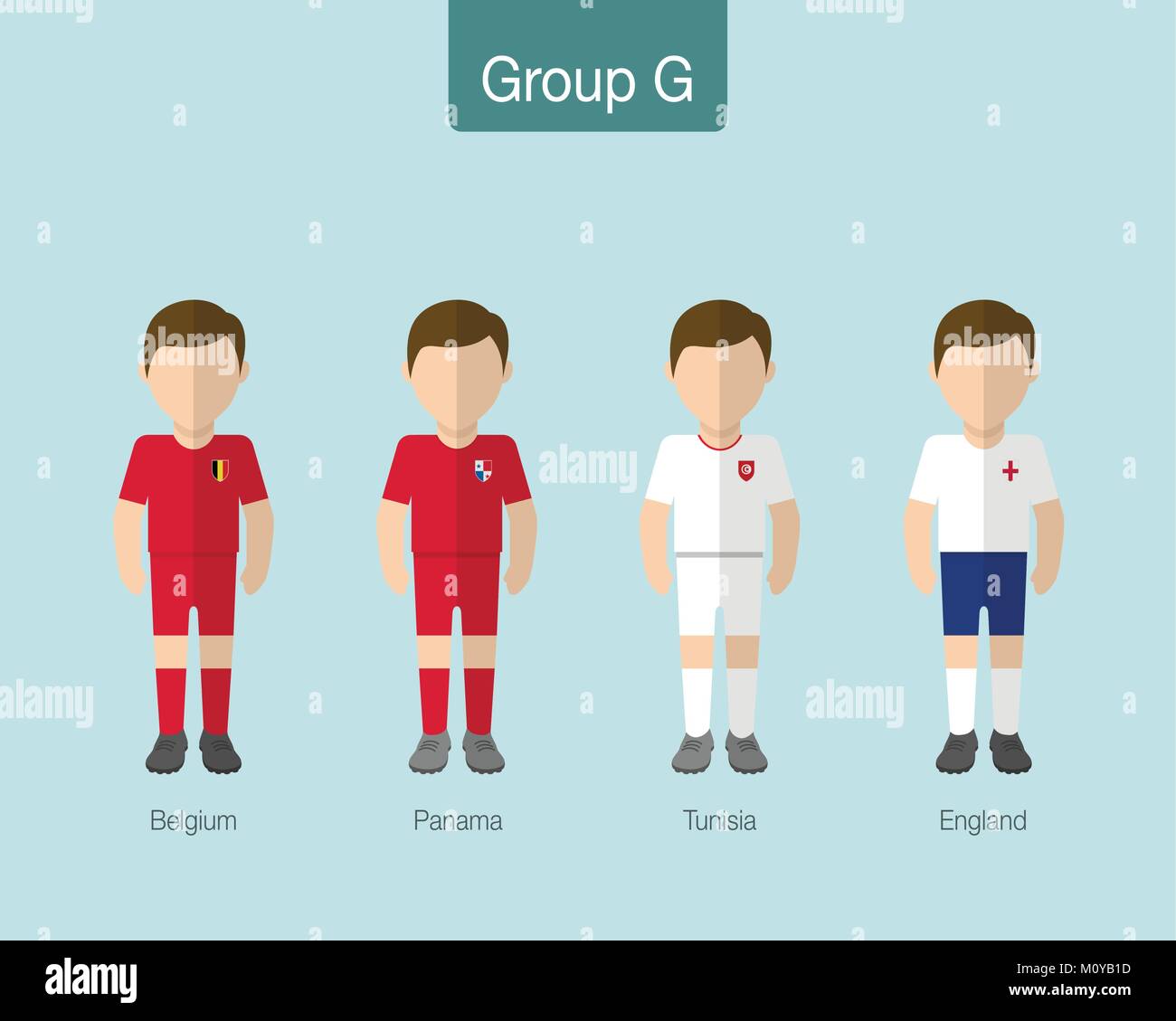 2018 Soccer or football team uniform. Group G with BELGIUM, PANAMA, TUNISIA, ENGLAND. Flat design. Vector illustration. Stock Vector