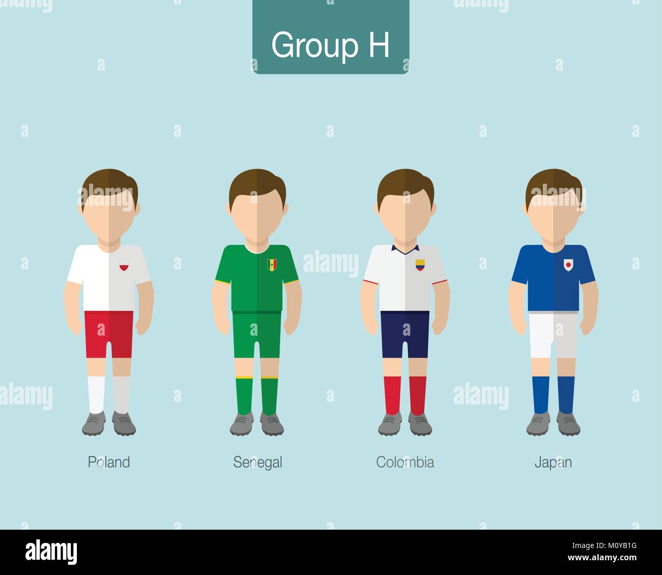 2018 Soccer or football team uniform. Group H with POLAND, SENEGAL, COLOMBIA, JAPAN. Flat design. Vector illustration. Stock Vector