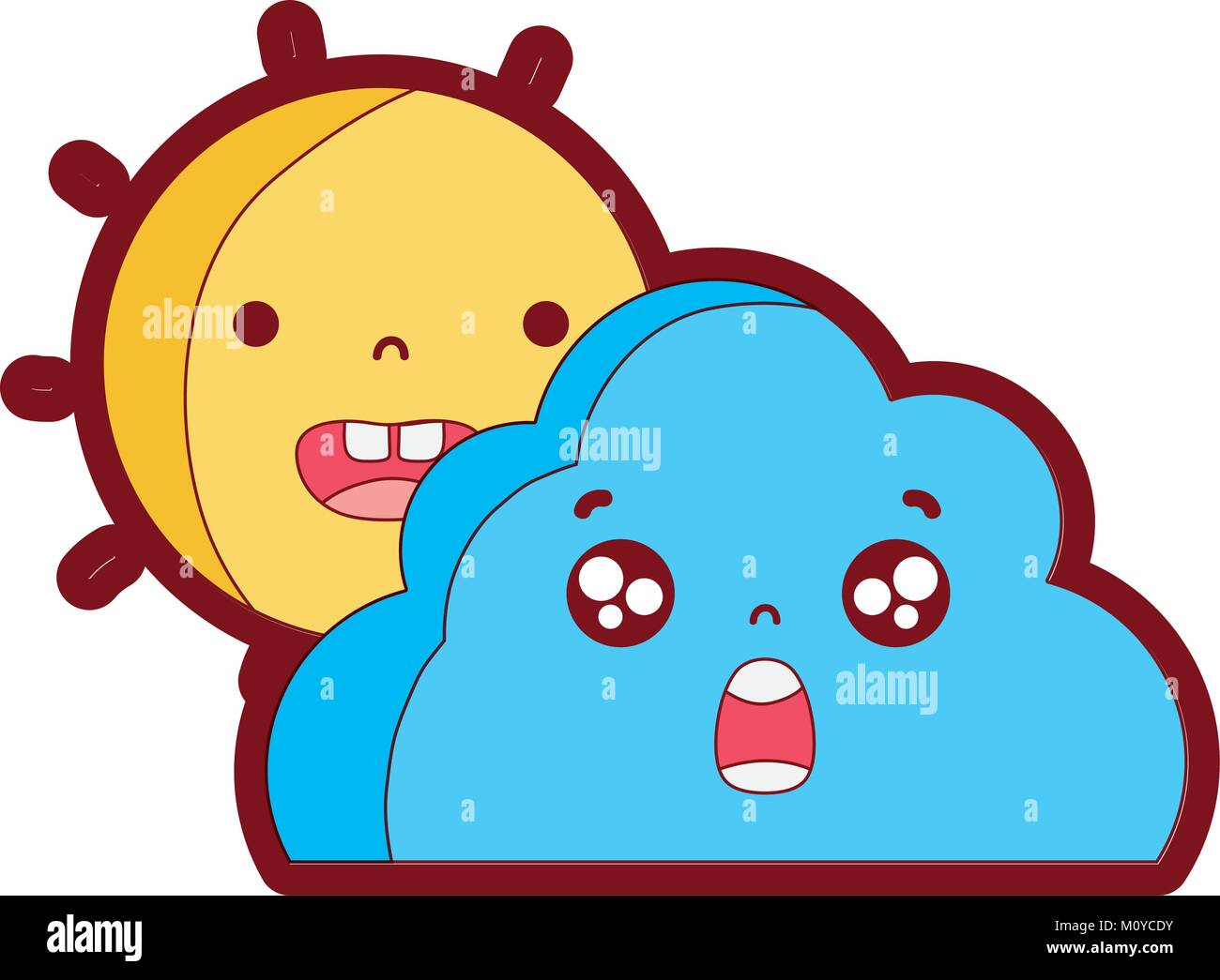 line color happy sun and surprised cloud kawaii Stock Vector Image ...