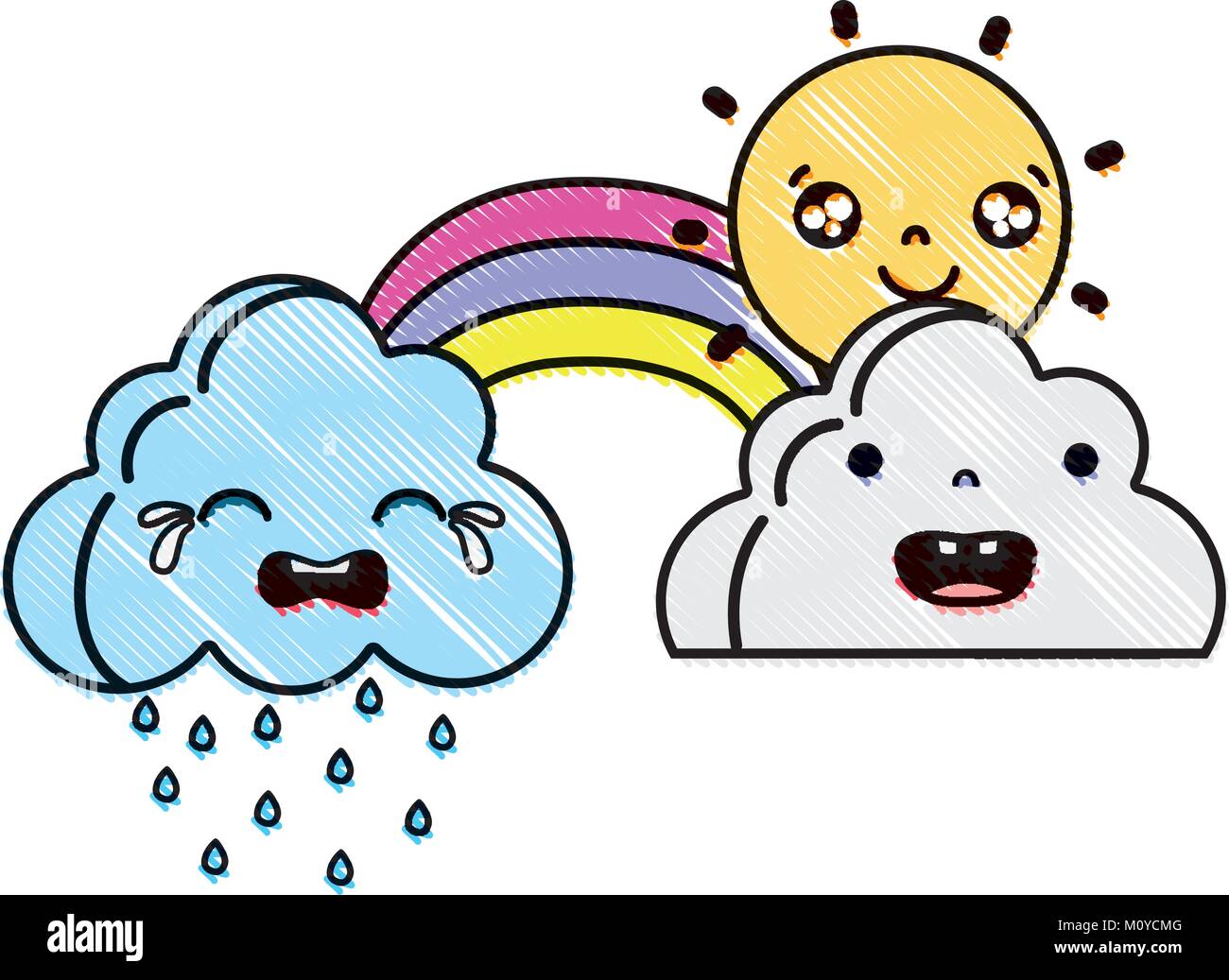 grated cute natural weather clouds with sun and rainbow kawaii Stock ...