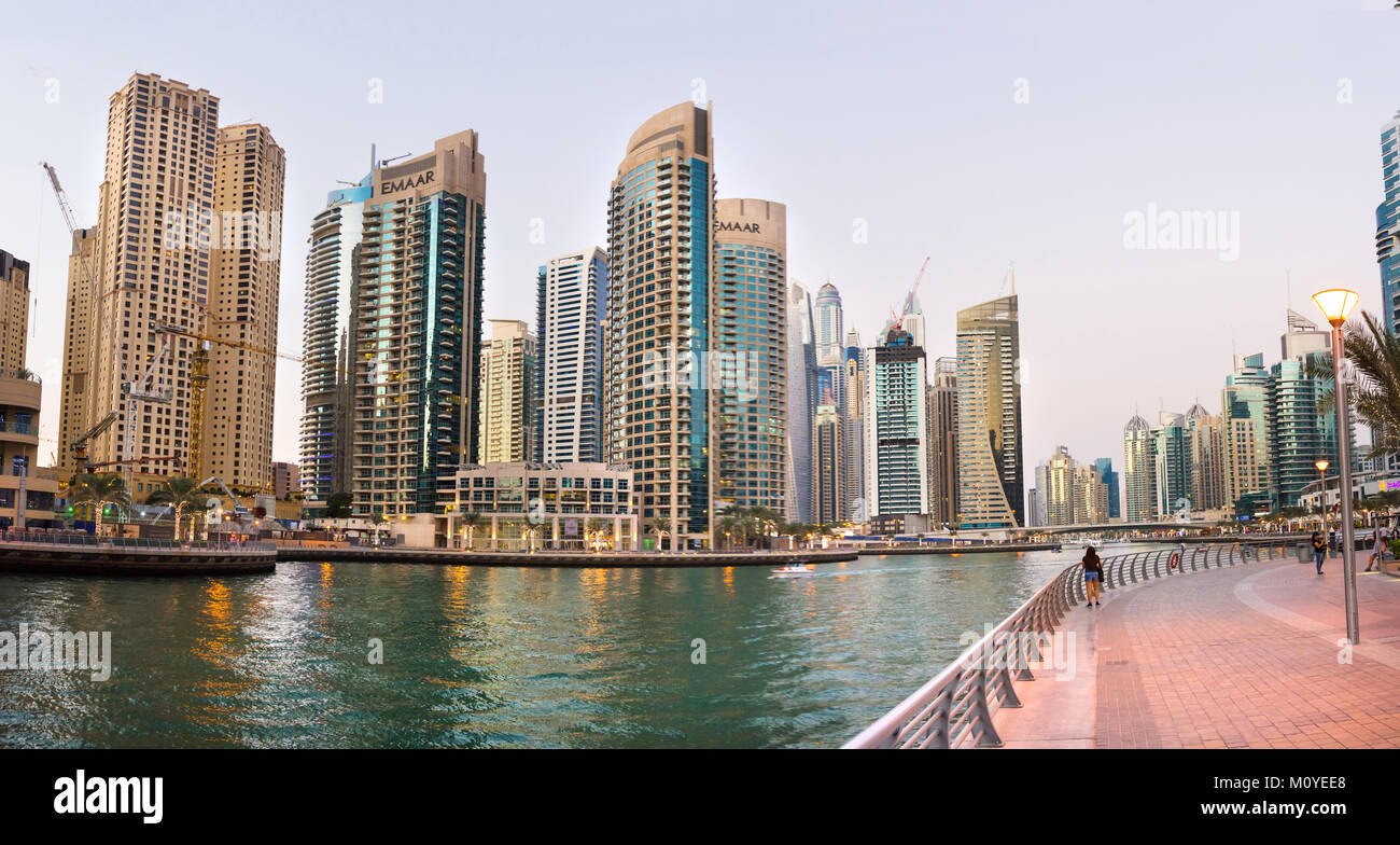 DUBAI, UNITED ARAB EMIRATES - NOVEMBER 4, 2017: Dubai marina panoramic view with modern skyscrapers and calm water, United Arab Emirates Stock Photo