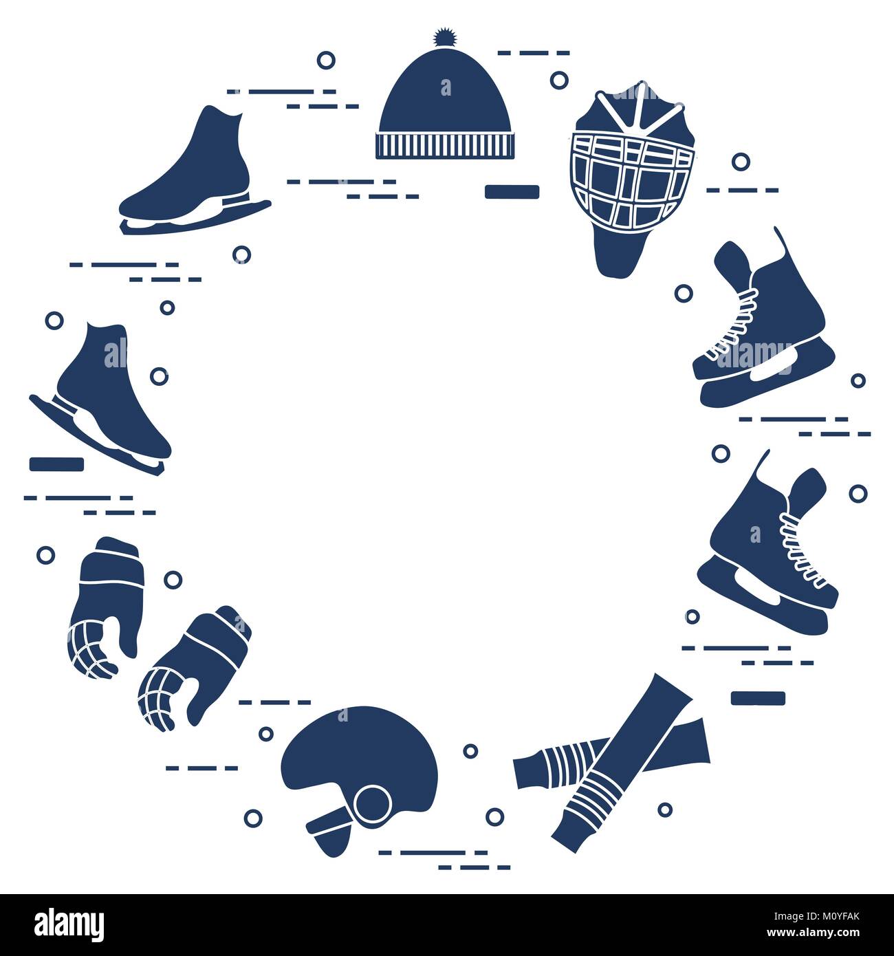 Skates, gloves, hat, goalkeeper's mask and helmet, leggings. Winter sports elements. Stock Vector