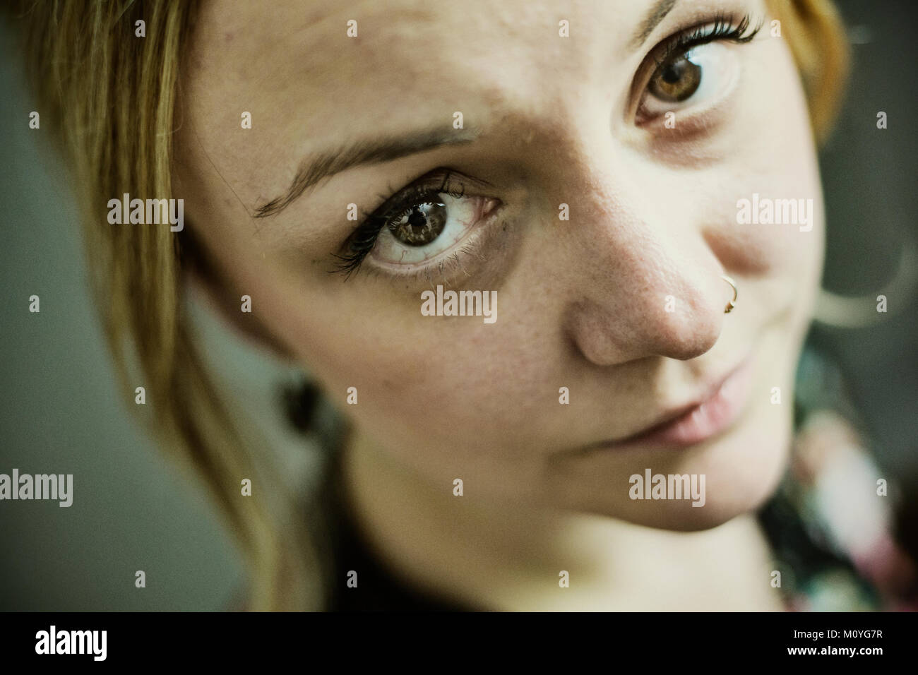 Young woman with nose piercing,portrait,Germany Stock Photo