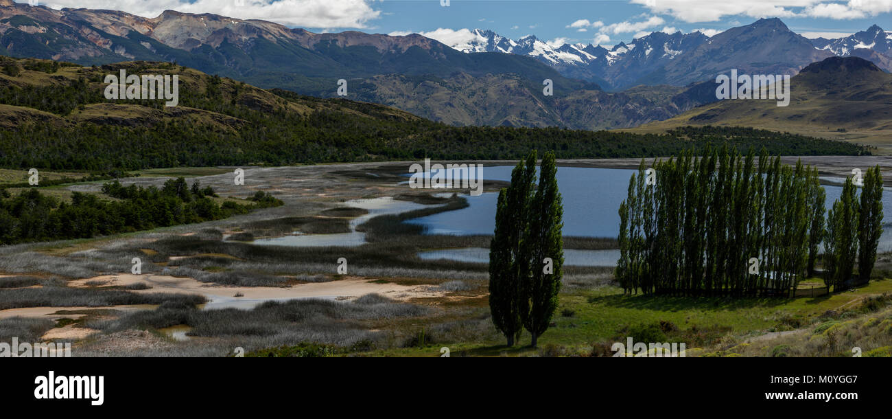 Clear mountain lake with reeds and trees behind the snow-capped mountains of the Andes,Valle Chacabuco,Cochrane Stock Photo