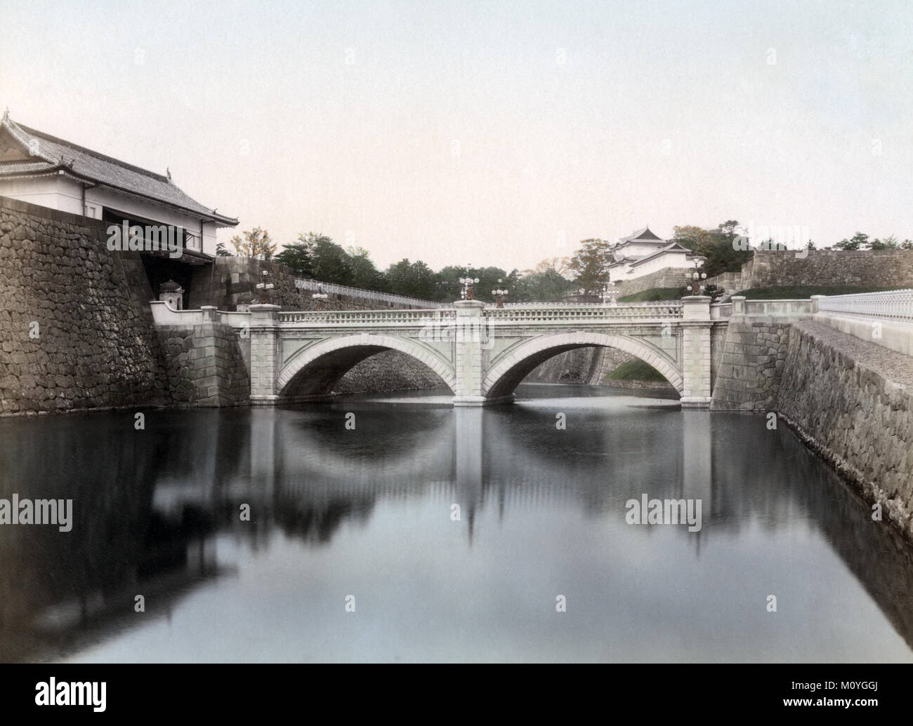 Bridge and moat, Imperial Palace, Tokyo, Japan, c.1880's Stock Photo