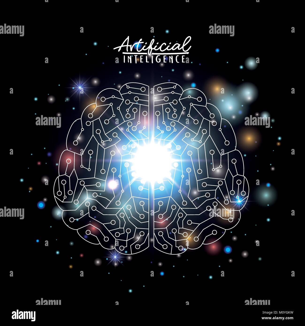 artificial intelligence poster with brain top view in transparency over black background with sparkle Stock Vector