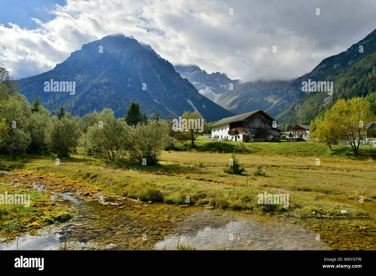 Farmhouse in the Obernbergtal,behind it the Obernberger Tribulaun ...