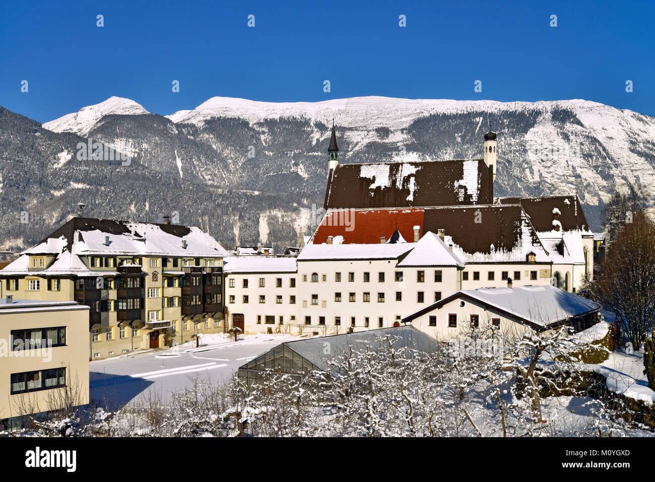 Franziskanerkloster exterior view in winter,Stanser-Joch,Schwaz,Tyrol,Austria Stock Photo