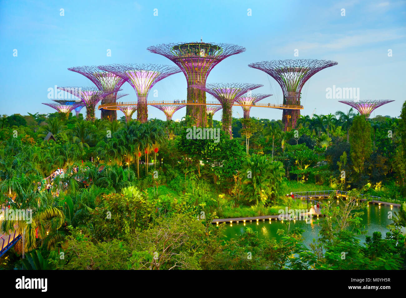 SINGAPORE - JAN 15, 2017: Twilight view of Gardens by the Bay. Gardens by the Bay was crowned World Building of the Year at the World Architecture Fes Stock Photo