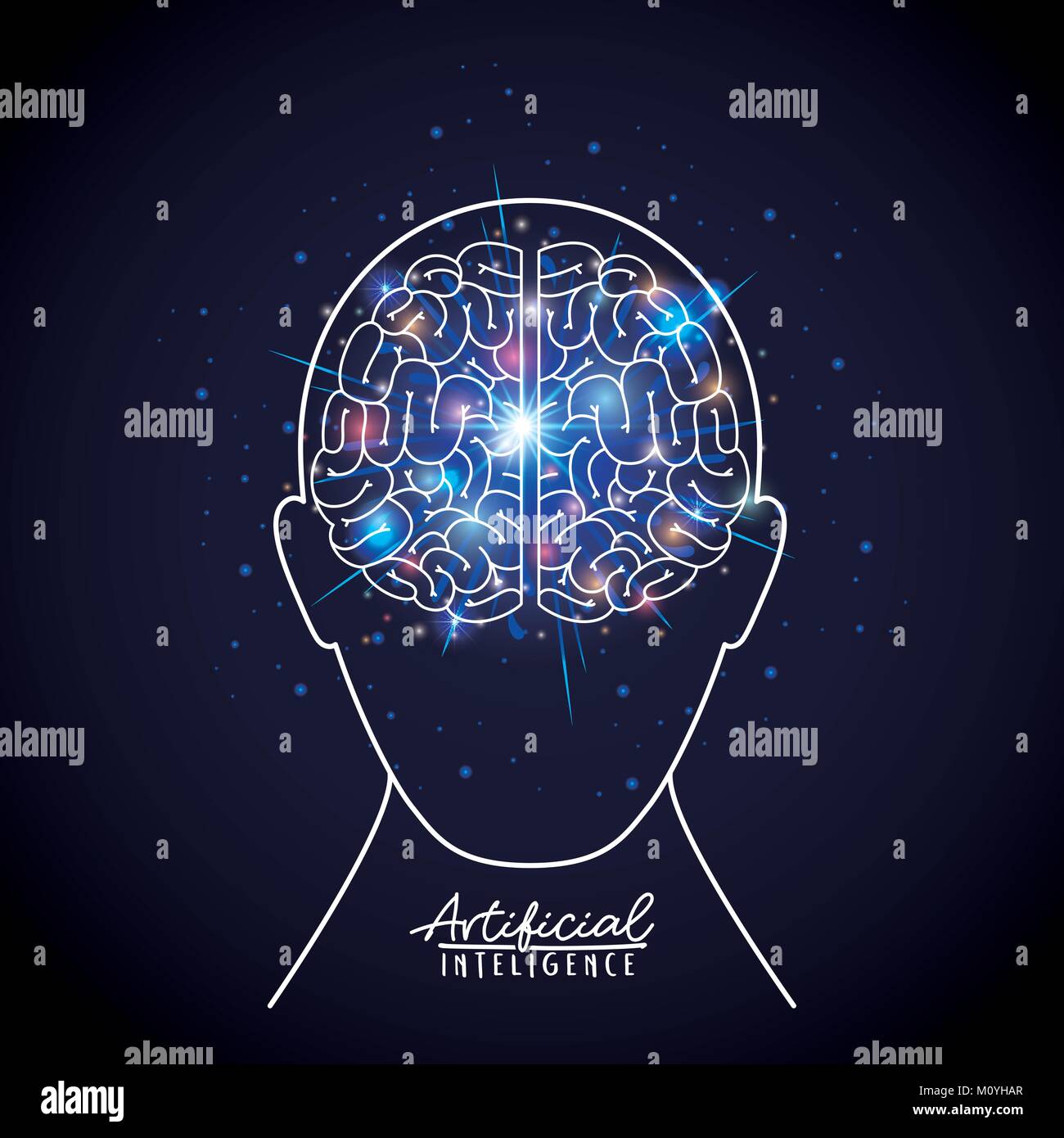 artificial intelligence poster with human head silhouette with brain in ...