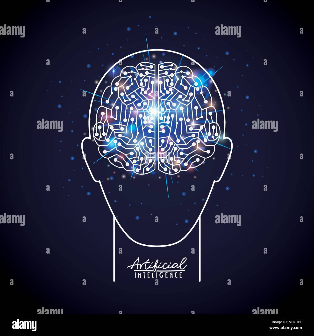 artificial intelligence poster with human head silhouette with brain in ...