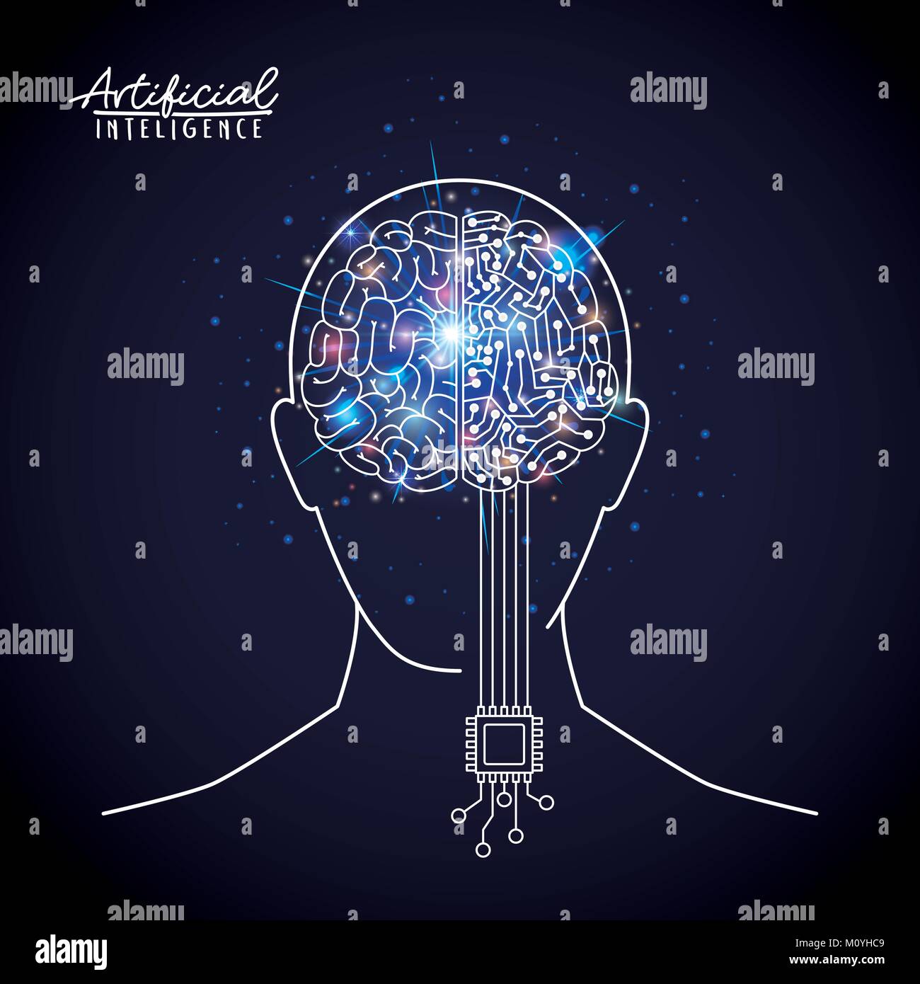 artificial intelligence poster with human head silhouette with hybrid ...