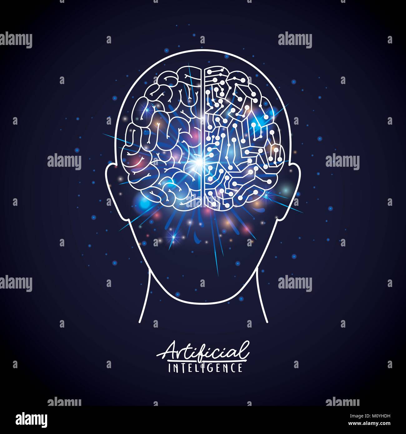 artificial intelligence poster with human head silhouette with brain in ...
