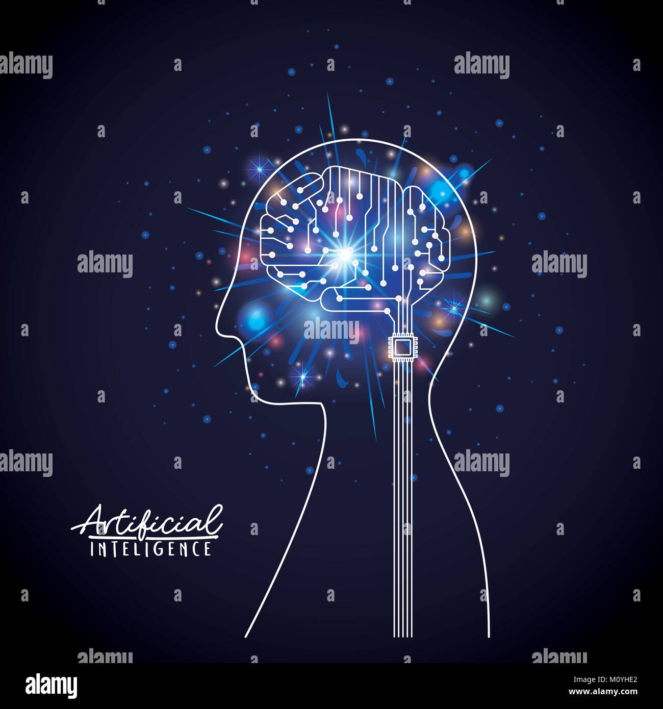 artificial intelligence poster with half body human silhouette with hybrid brain in transparency over dark blue background with sparkles Stock Vector