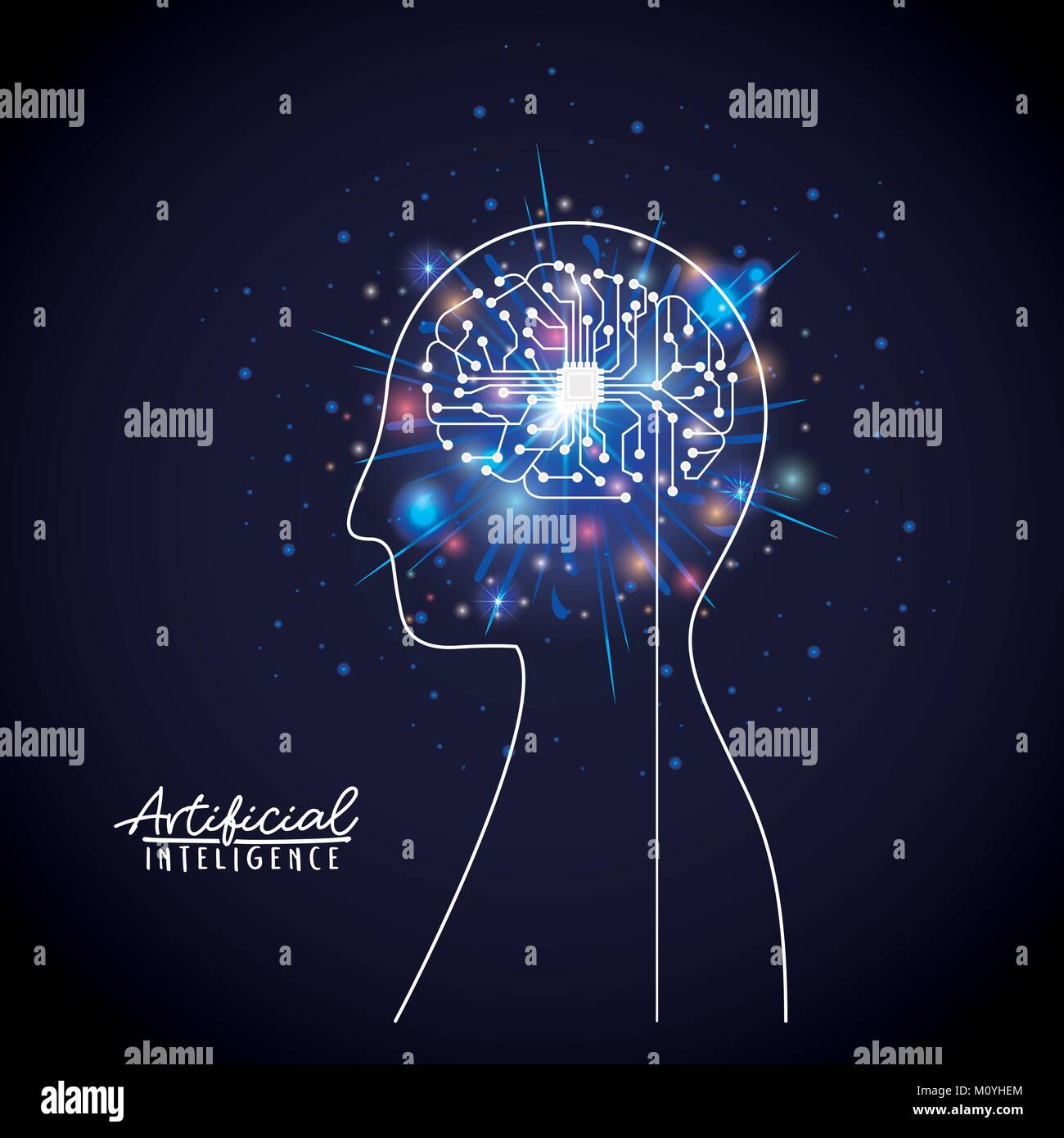 artificial intelligence poster with half body human silhouette with brain in transparency over dark blue background with sparkles Stock Vector