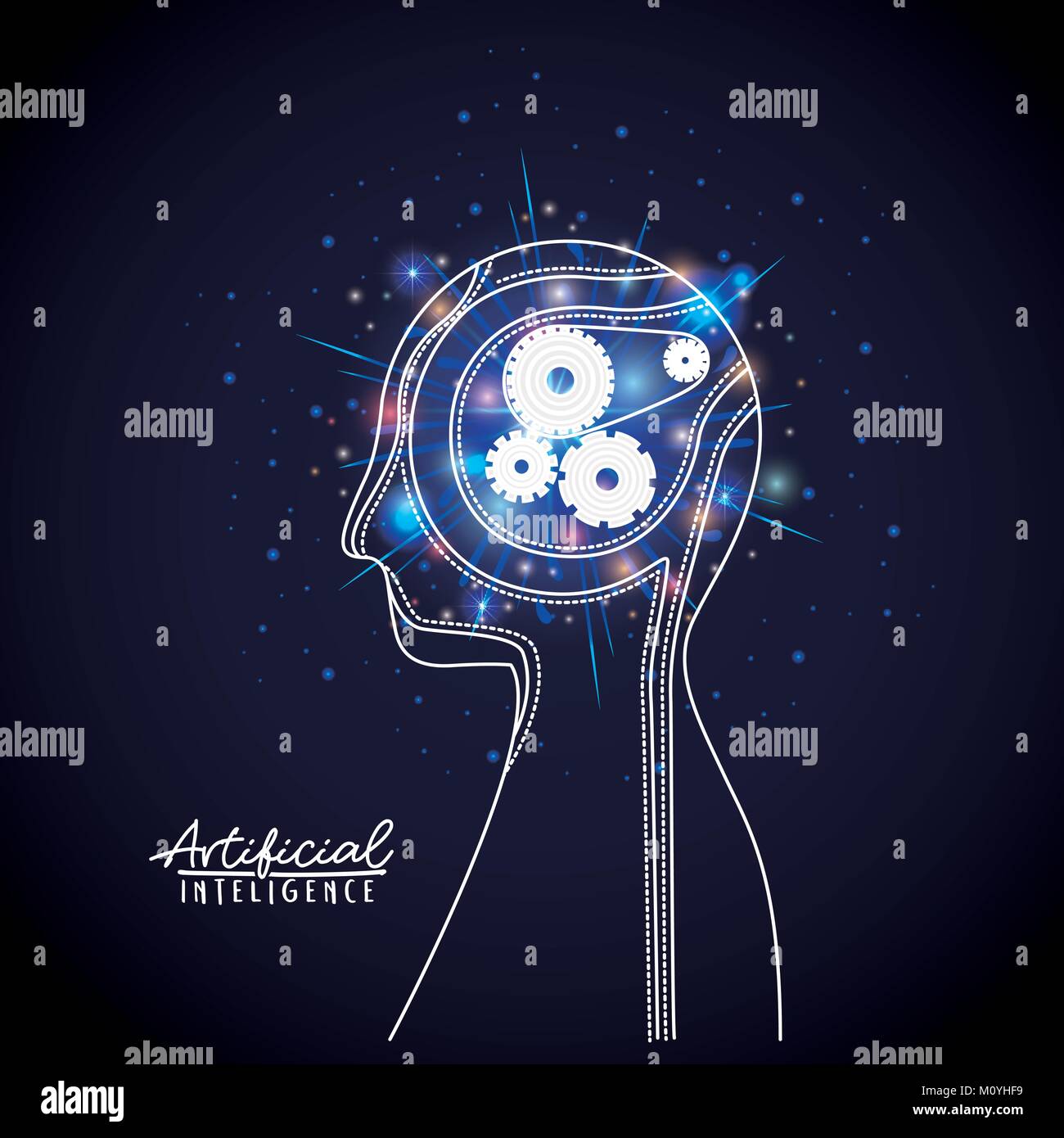 artificial intelligence poster with half body human silhouette with cogwheels mechanism brain in transparency over dark blue background with sparkles Stock Vector