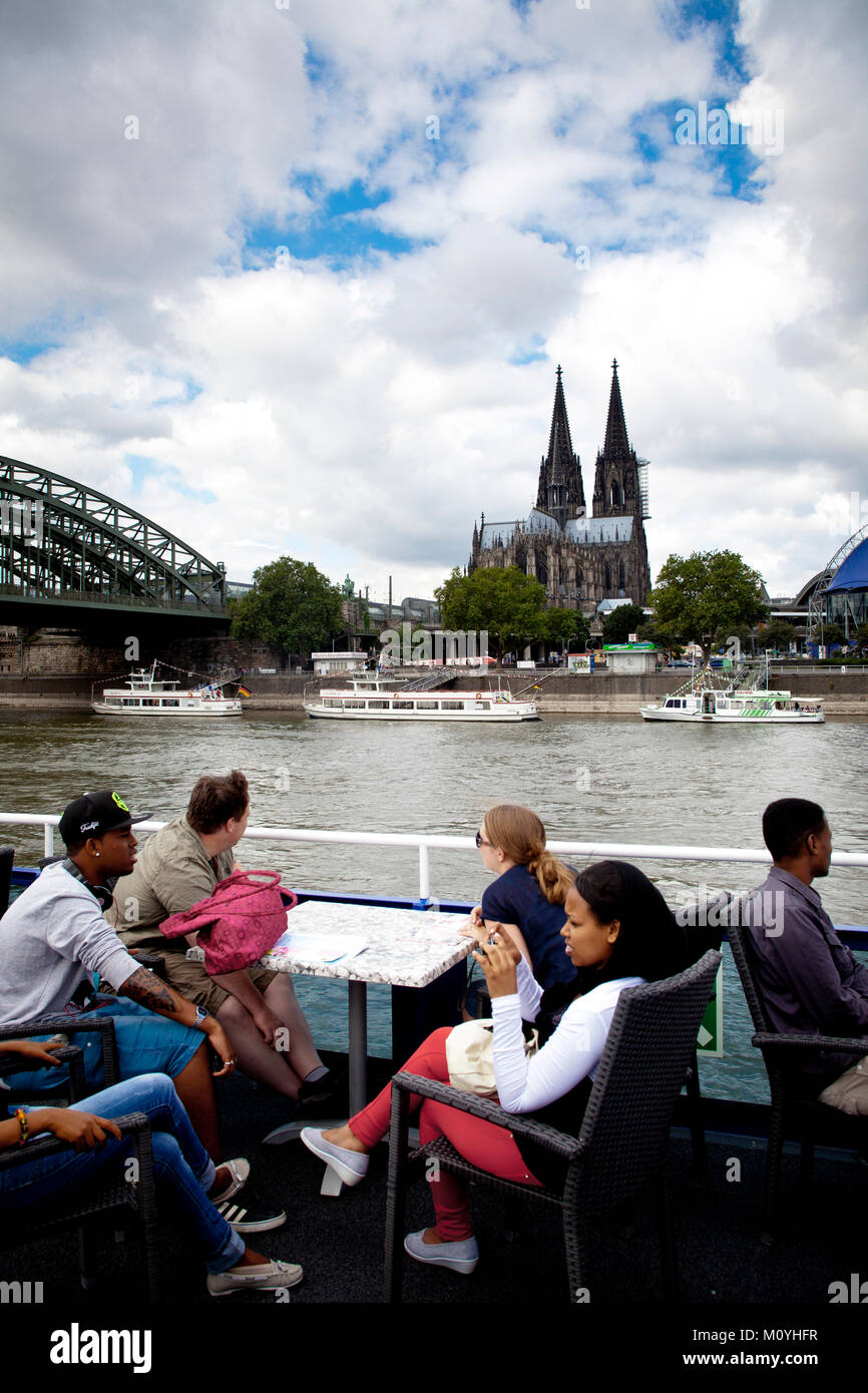 Germany, Cologne, view from a ship to the cathedral.  Deutschland, Koeln, Blick von einem Schiff zum Dom. Stock Photo