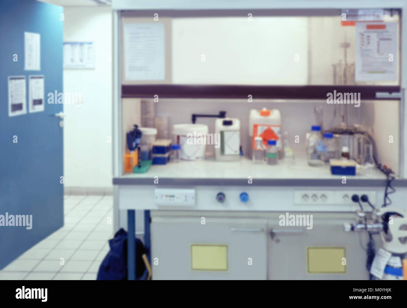 Scientific background: blurred interior of laboratory fume hood in modern laboratory. This is defocused background image, no focus point here. Can be  Stock Photo