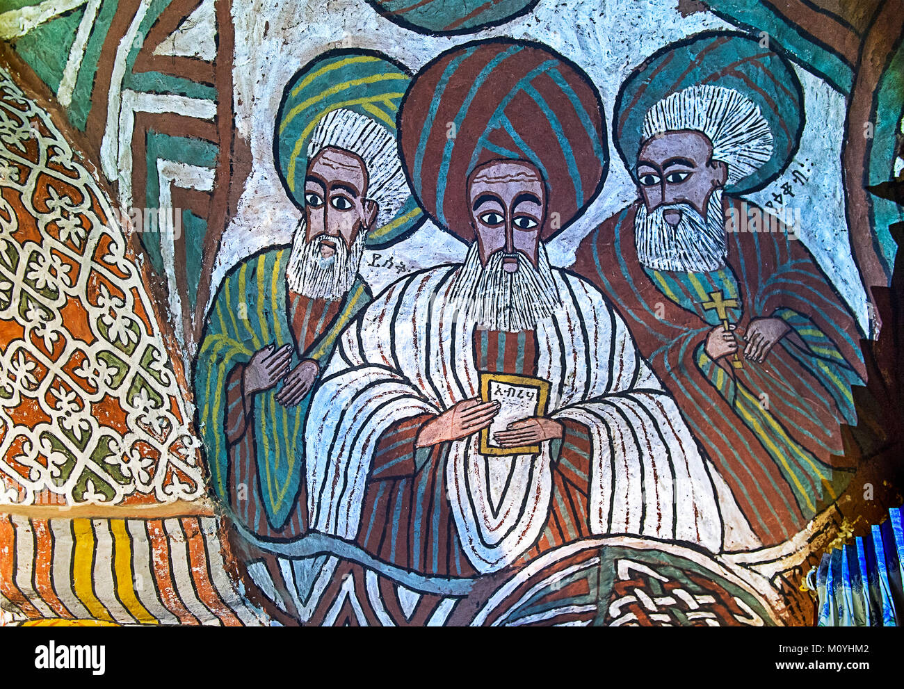 The Saints Isaac,Abraham and Jacob,fresco in the Orthodox rock church Abuna Yemata Guh,Gheralta region,Tigray,Ethiopia Stock Photo