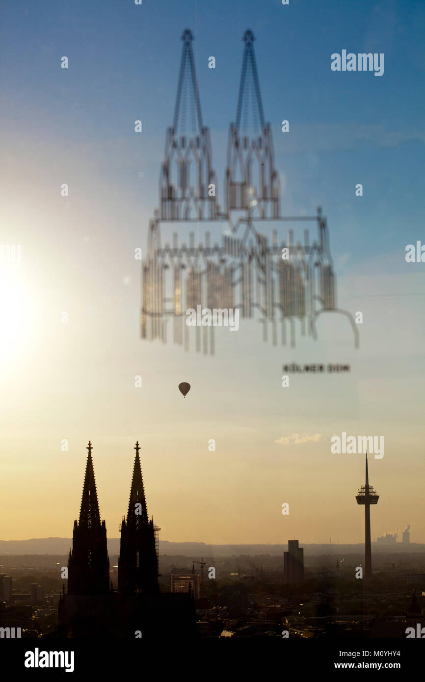 Germany, Cologne, on the panoramic window of the observation deck of the Triangle Tower in the district Deutz the main buildings of Cologne are attach Stock Photo