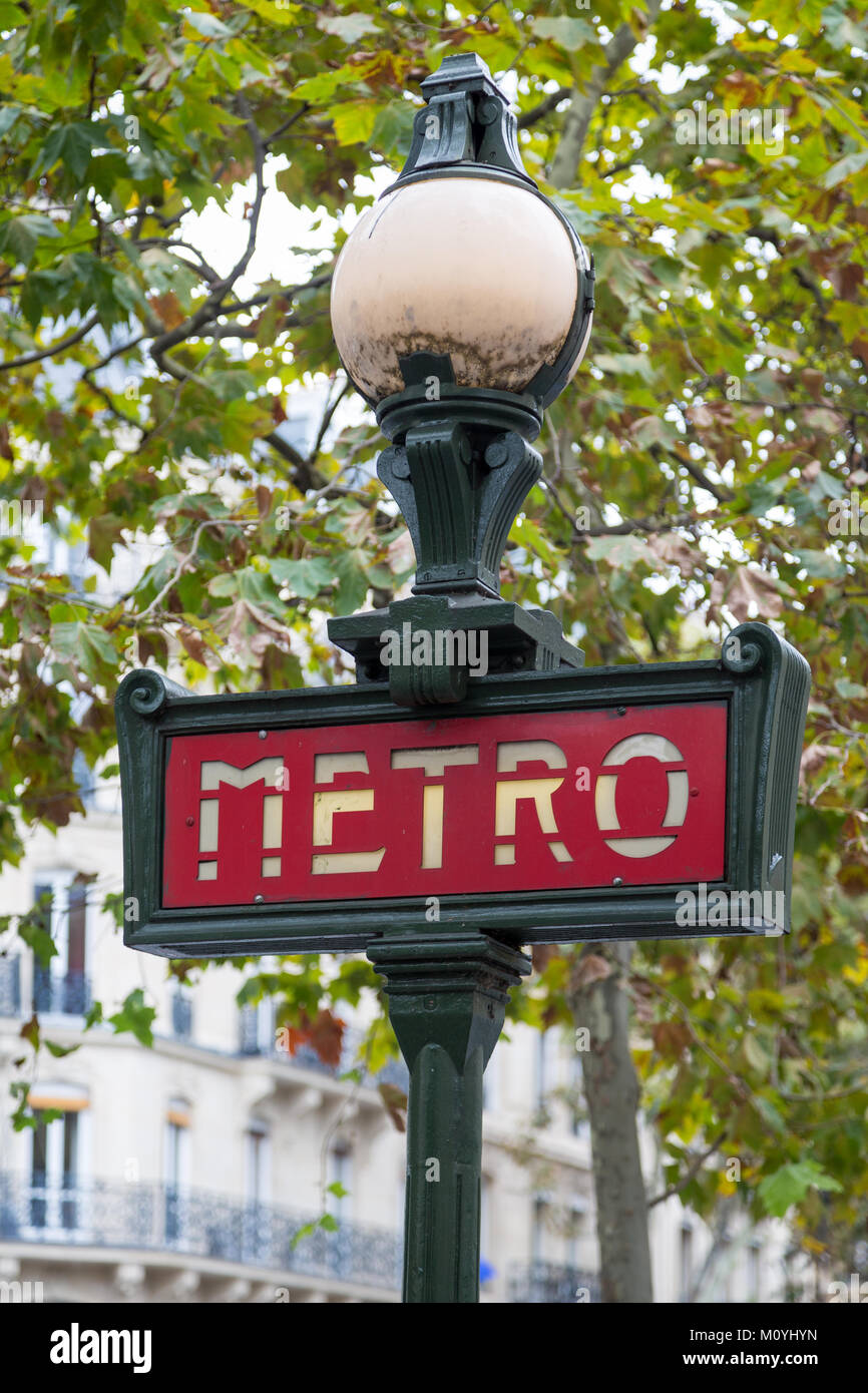 Historical sign Metro at bus stop,Paris,France Stock Photo