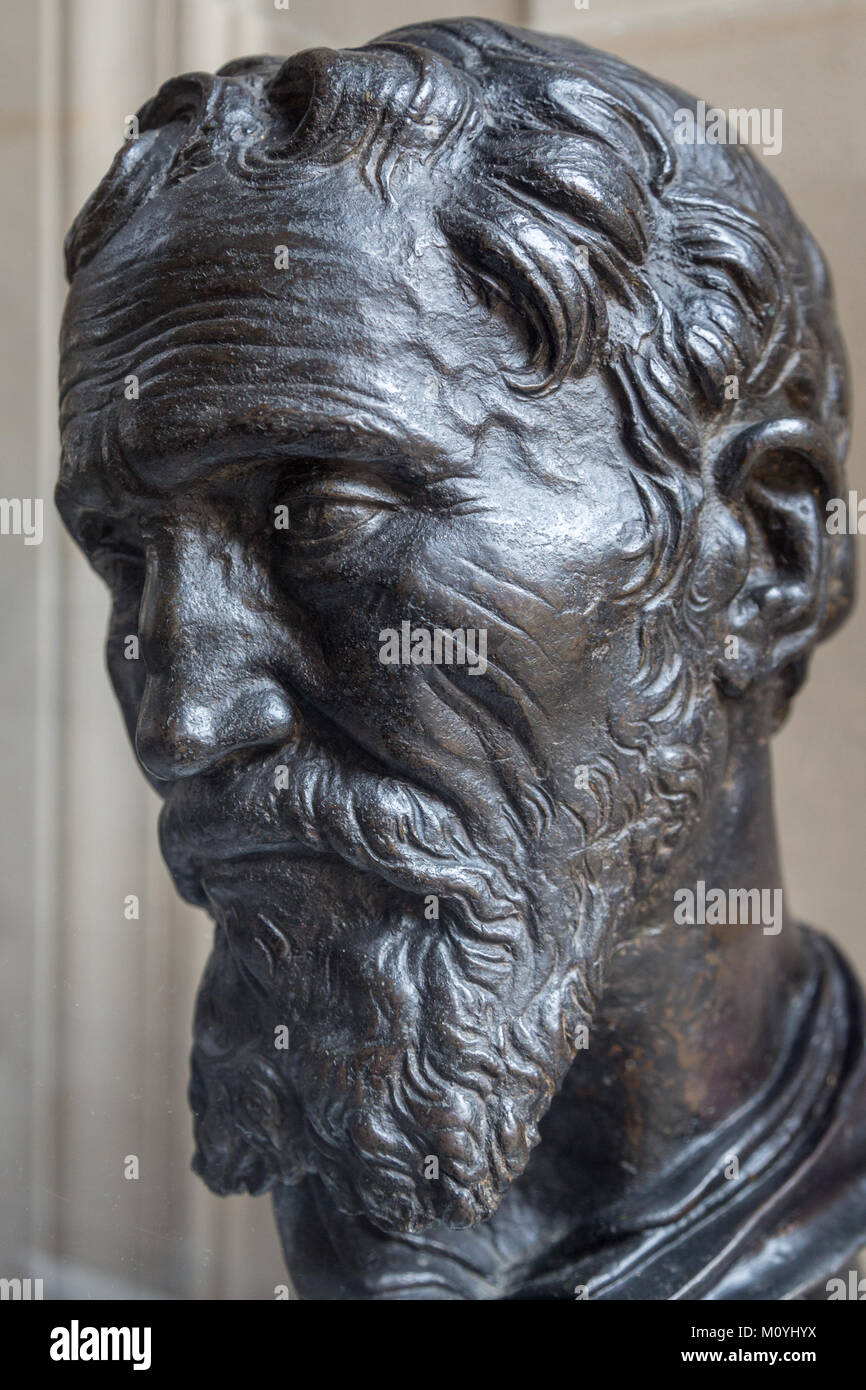 Bronze sculpture Michelangelo,Portrait,by Daniele da Volterra,Louvre Museum,Paris,France Stock Photo