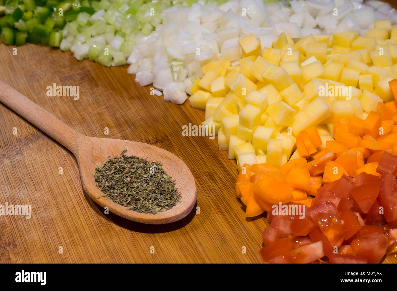 Raw chopped vegetables prepeared as ingredients for a soup Stock Photo